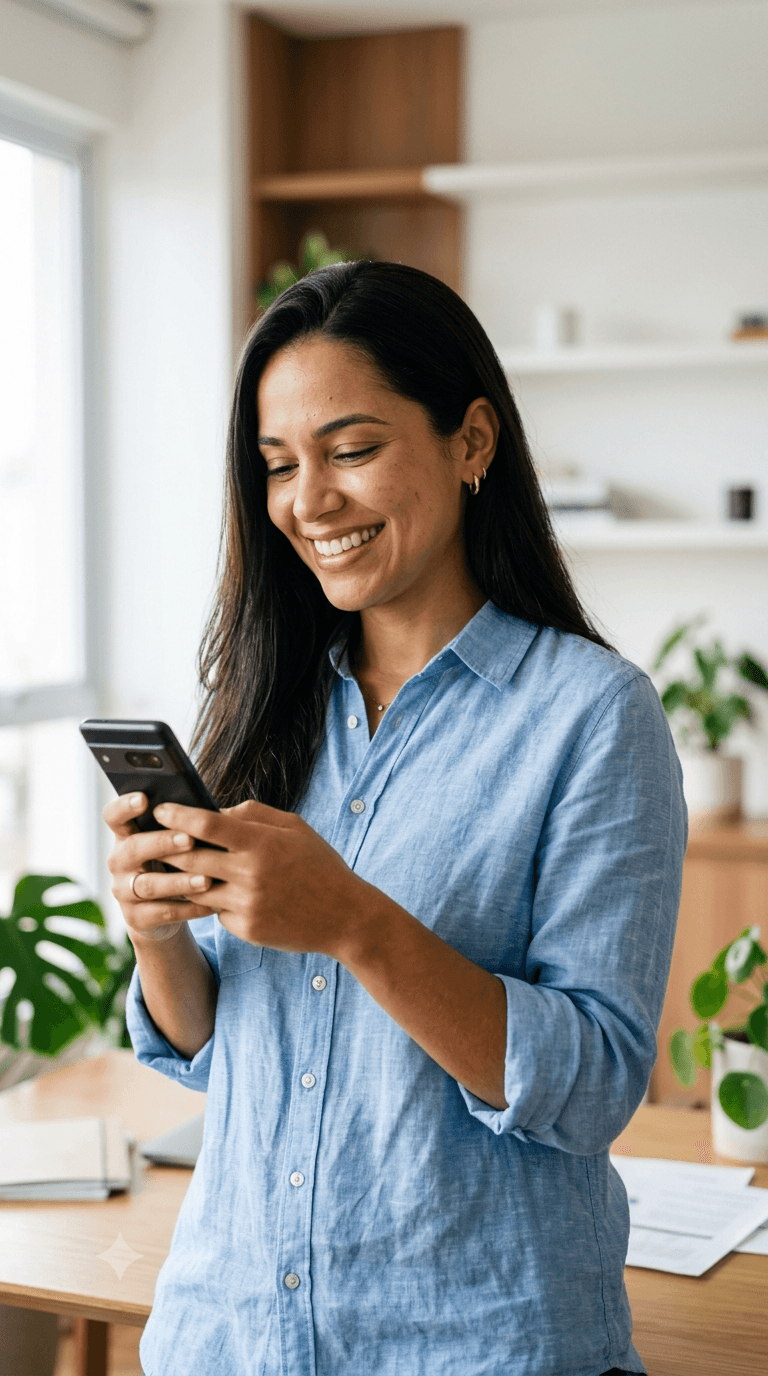 Mulher sorrindo enquanto usa o celular